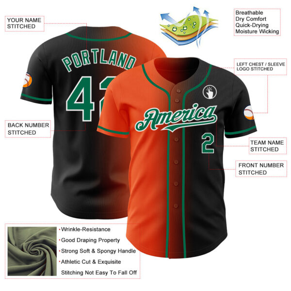 Custom Black Kelly Green Orange-White Authentic Gradient Fashion Baseball Jersey