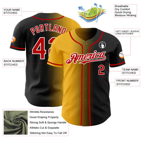Custom Black Red Gold-White Authentic Gradient Fashion Baseball Jersey