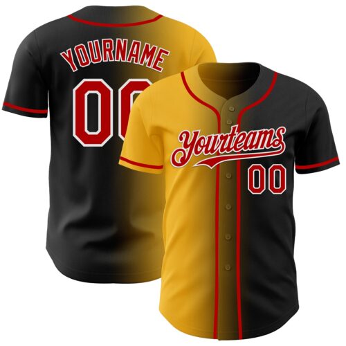 Custom Black Red Gold-White Authentic Gradient Fashion Baseball Jersey