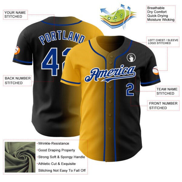 Custom Black Royal Gold-White Authentic Gradient Fashion Baseball Jersey