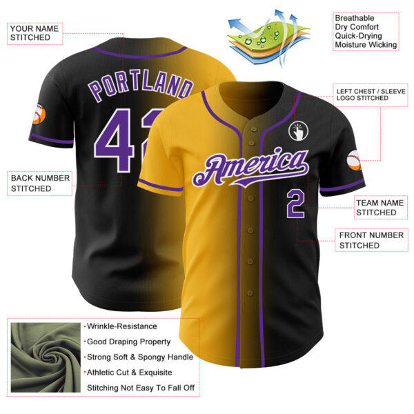 Custom Black Purple Gold-White Authentic Gradient Fashion Baseball Jersey