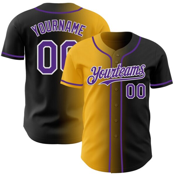 Custom Black Purple Gold-White Authentic Gradient Fashion Baseball Jersey