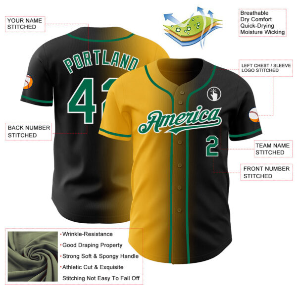 Custom Black Kelly Green Gold-White Authentic Gradient Fashion Baseball Jersey