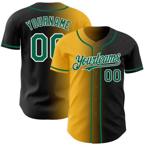 Custom Black Kelly Green Gold-White Authentic Gradient Fashion Baseball Jersey