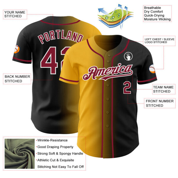 Custom Black Crimson Gold-White Authentic Gradient Fashion Baseball Jersey