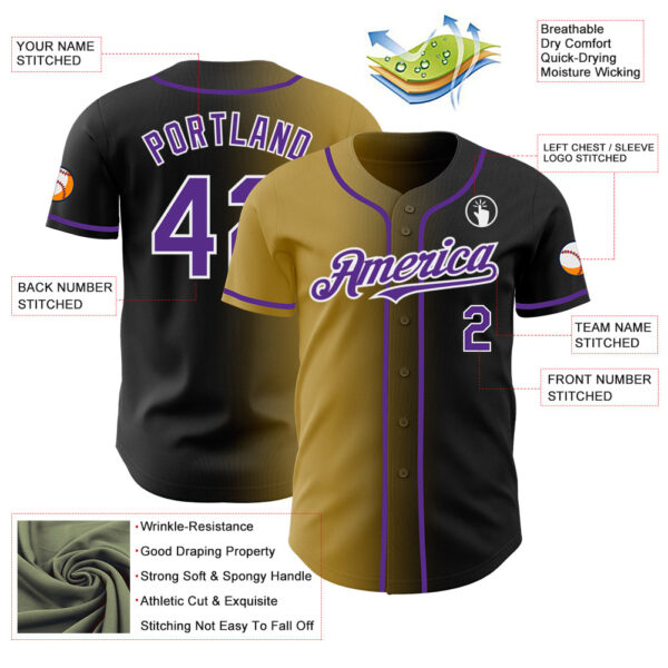 Custom Black Purple Old Gold-White Authentic Gradient Fashion Baseball Jersey