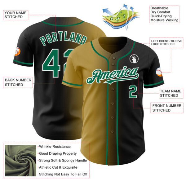 Custom Black Kelly Green Old Gold-White Authentic Gradient Fashion Baseball Jersey