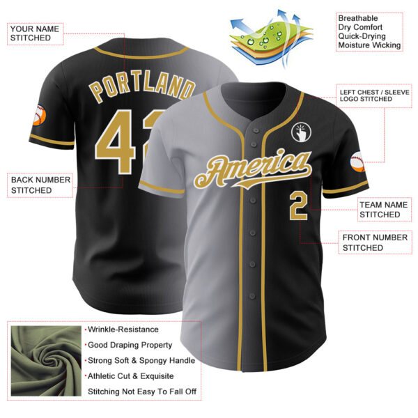 Custom Black Old Gold Gray-White Authentic Gradient Fashion Baseball Jersey