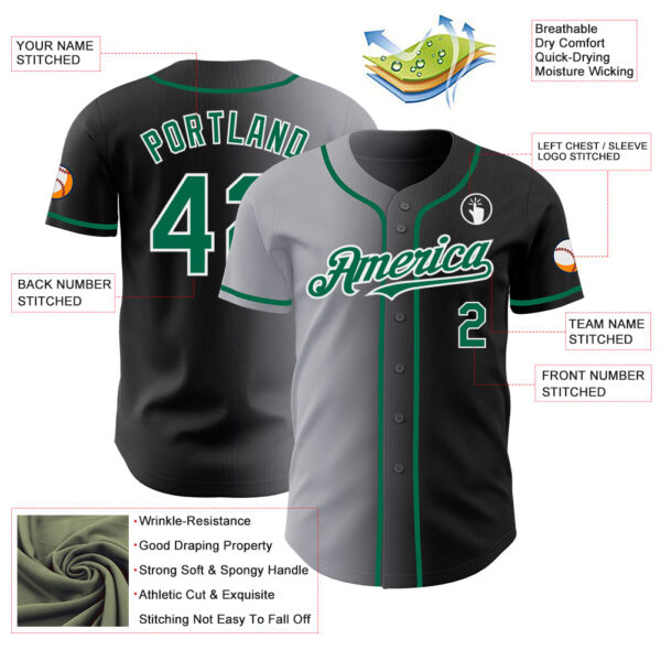 Custom Black Kelly Green Gray-White Authentic Gradient Fashion Baseball Jersey