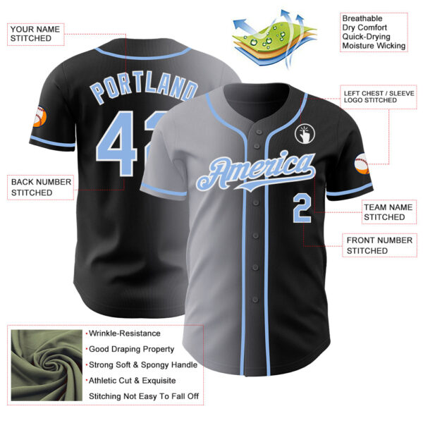 Custom Black Light Blue Gray-White Authentic Gradient Fashion Baseball Jersey