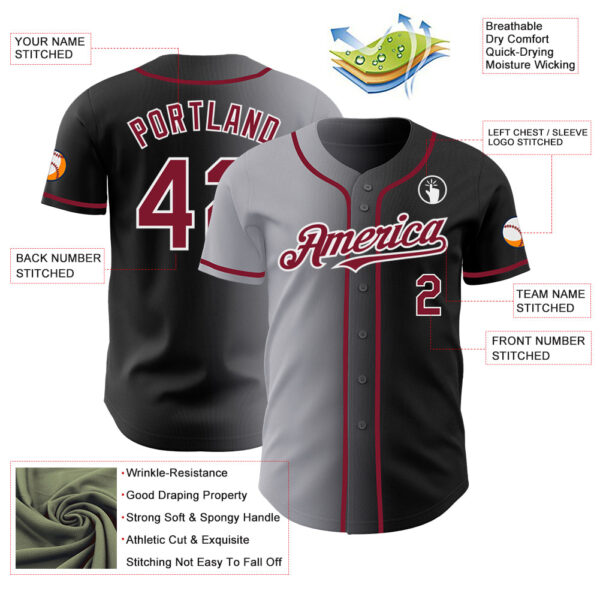 Custom Black Crimson Gray-White Authentic Gradient Fashion Baseball Jersey