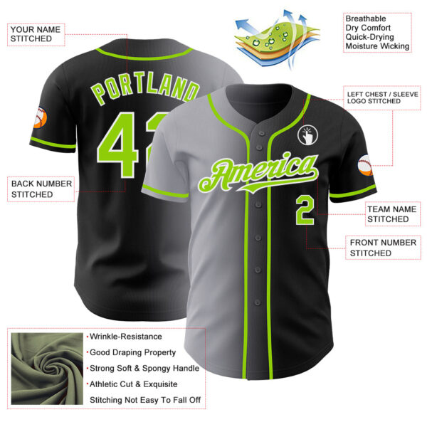 Custom Black Neon Green Gray-White Authentic Gradient Fashion Baseball Jersey