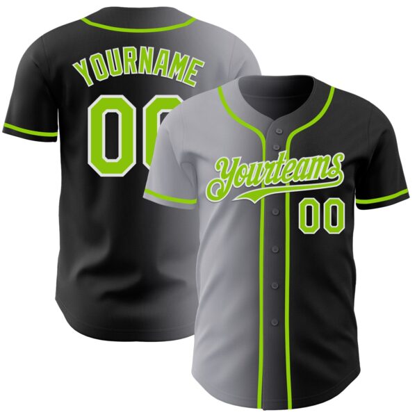 Custom Black Neon Green Gray-White Authentic Gradient Fashion Baseball Jersey