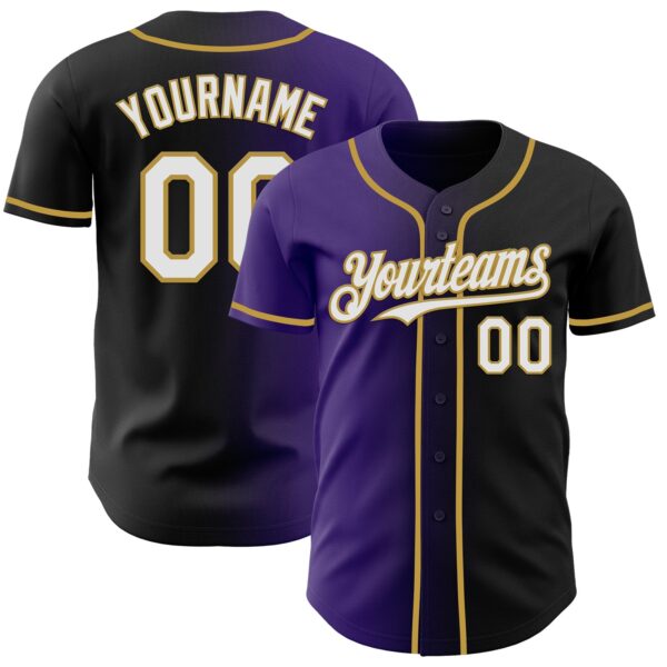 Custom Black White Purple-Old Gold Authentic Gradient Fashion Baseball Jersey