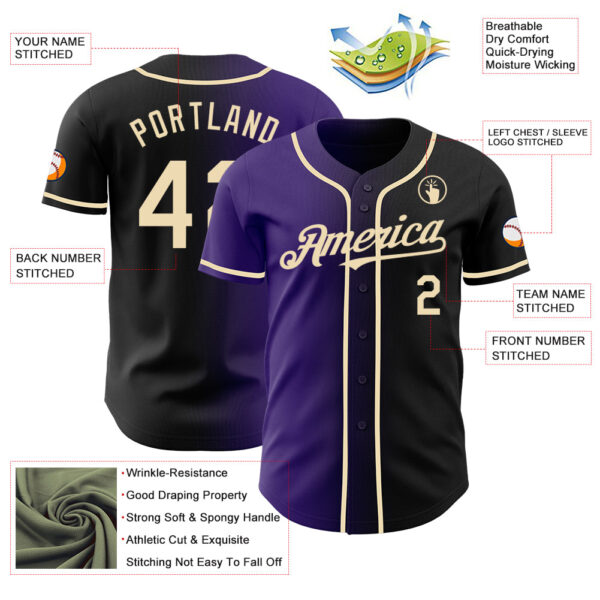 Custom Black Cream-Purple Authentic Gradient Fashion Baseball Jersey