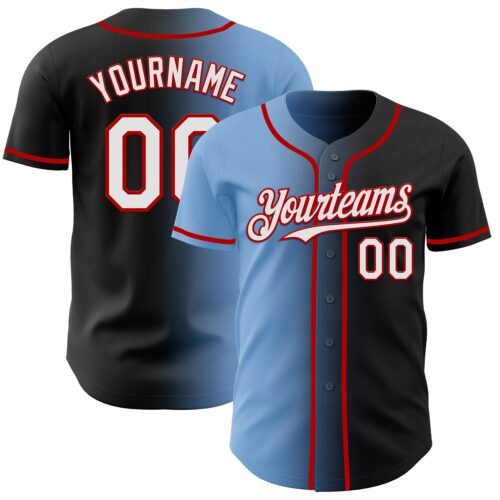 Custom Black White Light Blue-Red Authentic Gradient Fashion Baseball Jersey