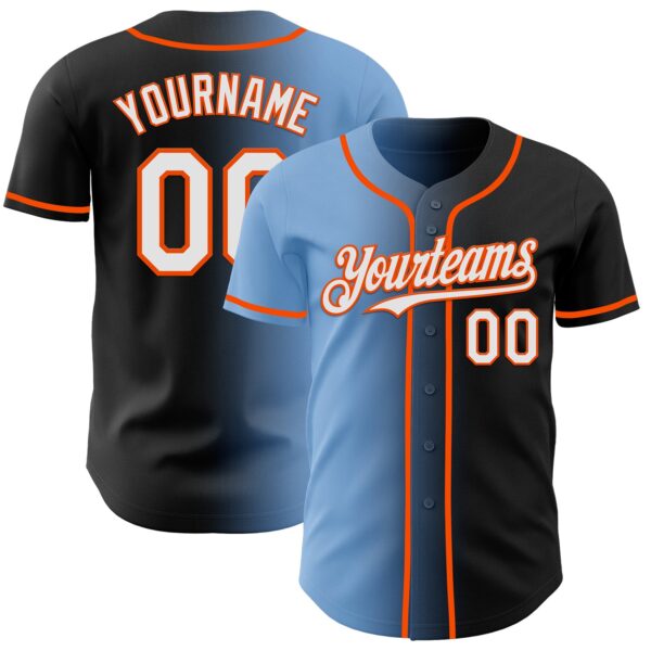 Custom Black White Light Blue-Orange Authentic Gradient Fashion Baseball Jersey