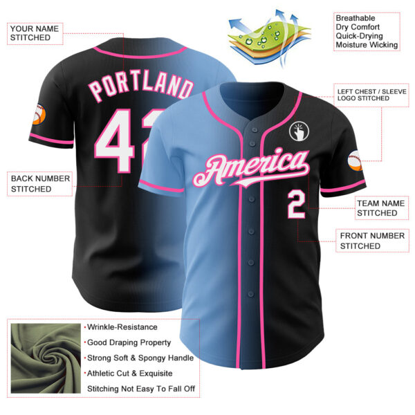 Custom Black White Light Blue-Pink Authentic Gradient Fashion Baseball Jersey