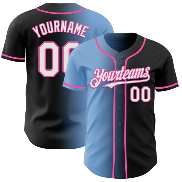 Custom Black White Light Blue-Pink Authentic Gradient Fashion Baseball Jersey