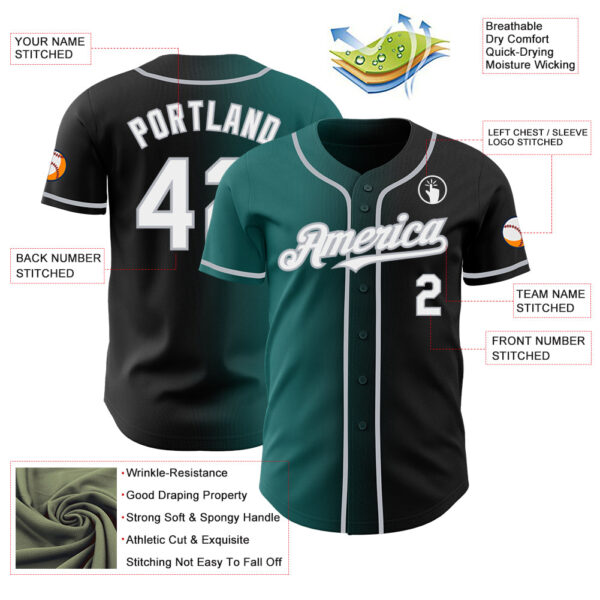 Custom Black White Teal-Gray Authentic Gradient Fashion Baseball Jersey