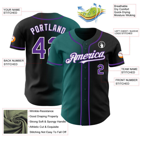 Custom Black Purple Teal-White Authentic Gradient Fashion Baseball Jersey