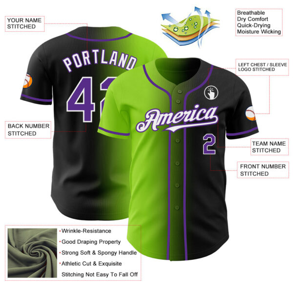 Custom Black Purple Neon Green-White Authentic Gradient Fashion Baseball Jersey