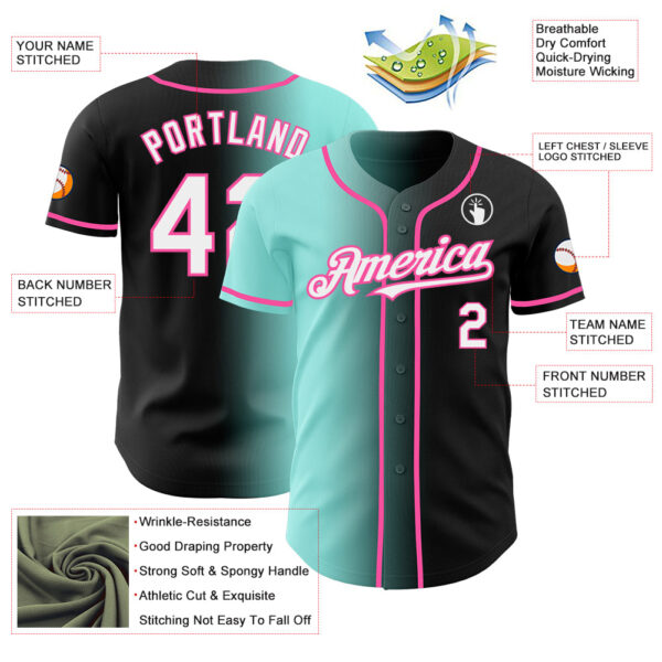 Custom Black White Ice Blue-Pink Authentic Gradient Fashion Baseball Jersey