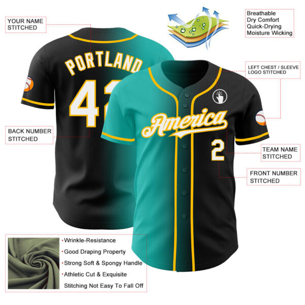 Custom Black White Aqua-Gold Authentic Gradient Fashion Baseball Jersey