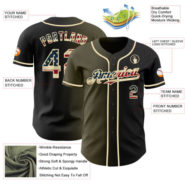 Custom Black Vintage USA Flag Olive-Cream Authentic Gradient Fashion Baseball Jersey