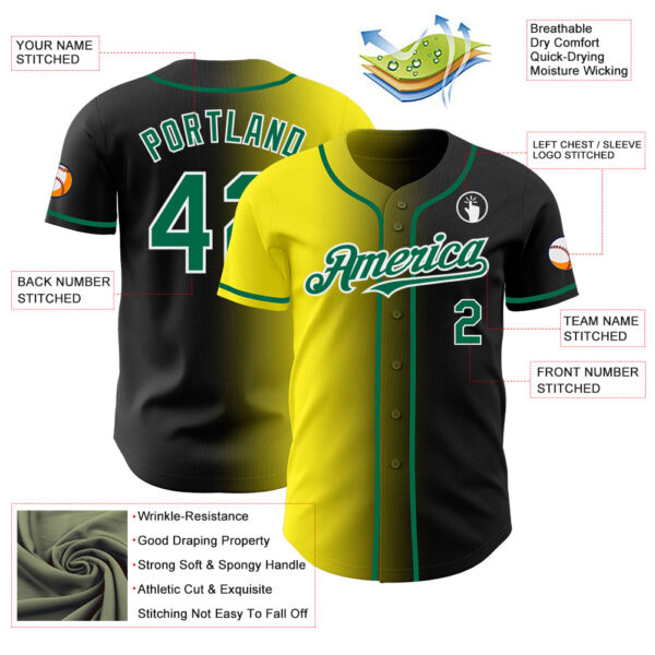 Custom Black Kelly Green Light Yellow-White Authentic Gradient Fashion Baseball Jersey
