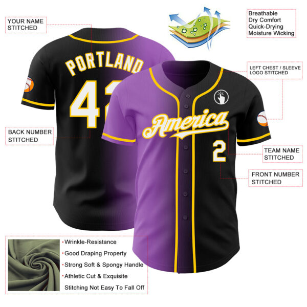 Custom Black White Medium Purple-Yellow Authentic Gradient Fashion Baseball Jersey