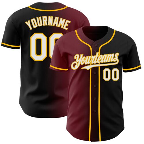 Custom Black White Burgundy-Gold Authentic Gradient Fashion Baseball Jersey