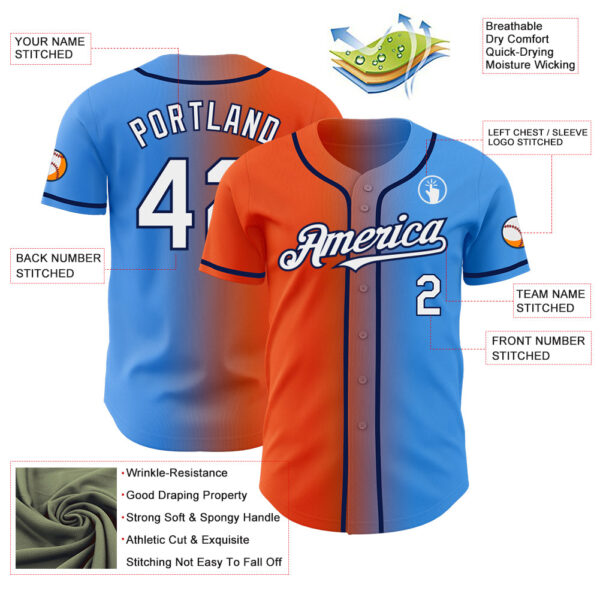 Custom Electric Blue White Orange-Navy Authentic Gradient Fashion Baseball Jersey