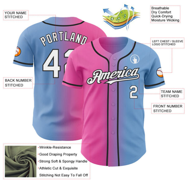 Custom Light Blue White Pink-Black Authentic Gradient Fashion Baseball Jersey