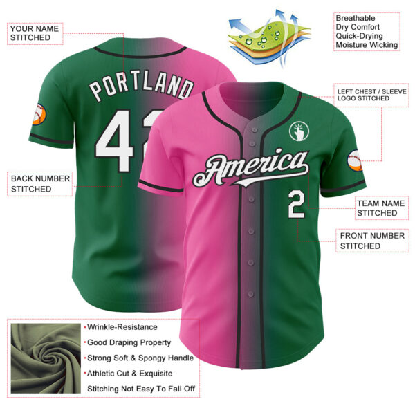 Custom Kelly Green White Pink-Black Authentic Gradient Fashion Baseball Jersey