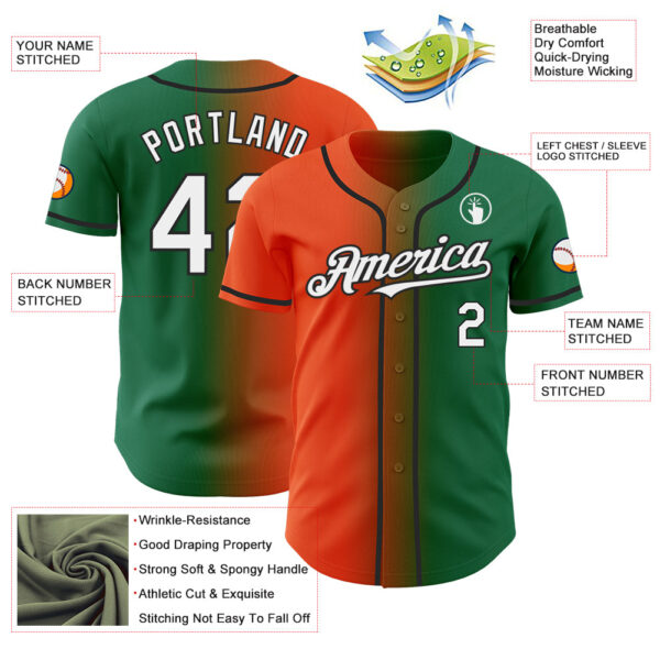 Custom Kelly Green White Orange-Black Authentic Gradient Fashion Baseball Jersey