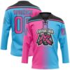 Custom Sky Blue Pink-Black Gradient Fashion Hockey Lace Neck Jersey