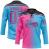 Custom Sky Blue Pink-Black Gradient Fashion Hockey Lace Neck Jersey