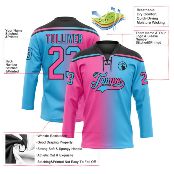 Custom Sky Blue Pink-Black Gradient Fashion Hockey Lace Neck Jersey