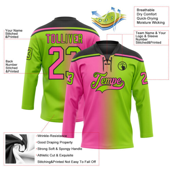 Custom Neon Green Pink-Black Gradient Fashion Hockey Lace Neck Jersey