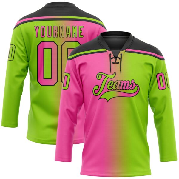 Custom Neon Green Pink-Black Gradient Fashion Hockey Lace Neck Jersey