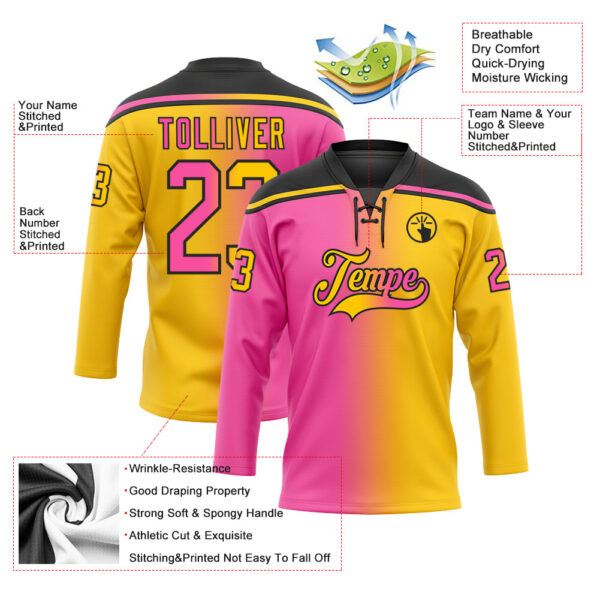 Custom Yellow Pink-Black Gradient Fashion Hockey Lace Neck Jersey