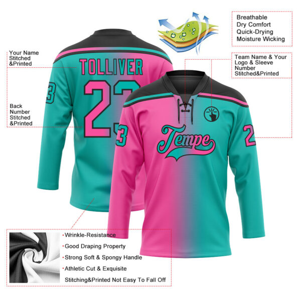 Custom Aqua Pink-Black Gradient Fashion Hockey Lace Neck Jersey