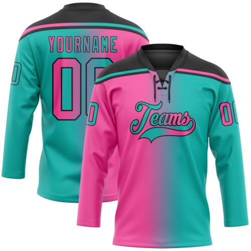 Custom Aqua Pink-Black Gradient Fashion Hockey Lace Neck Jersey