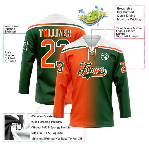 Custom Green Orange-White Gradient Fashion Hockey Lace Neck Jersey