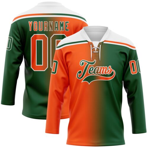 Custom Green Orange-White Gradient Fashion Hockey Lace Neck Jersey
