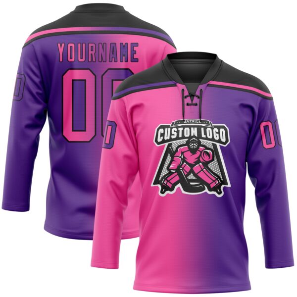Custom Purple Pink-Black Gradient Fashion Hockey Lace Neck Jersey