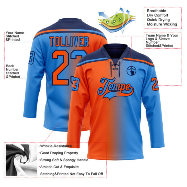 Custom Powder Blue Orange-Navy Gradient Fashion Hockey Lace Neck Jersey