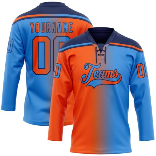 Custom Powder Blue Orange-Navy Gradient Fashion Hockey Lace Neck Jersey