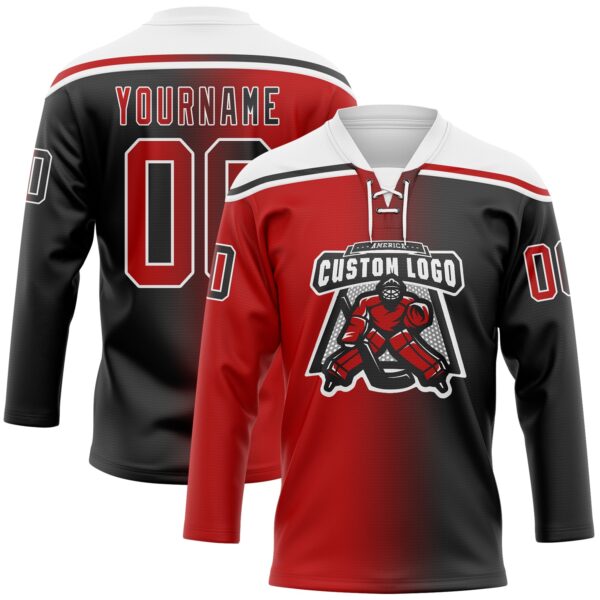 Custom Black Red-White Gradient Fashion Hockey Lace Neck Jersey